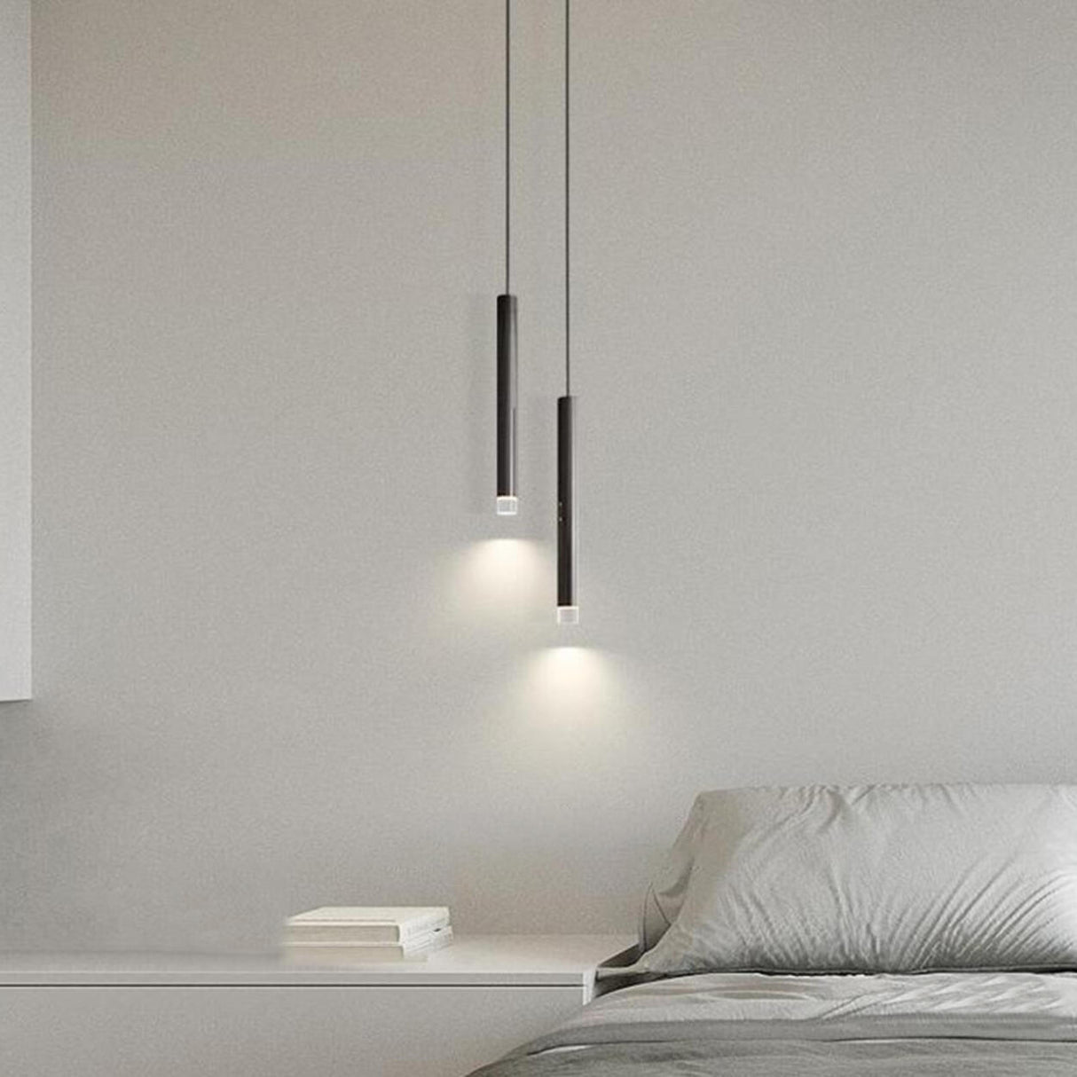 Modern Black Metal Slim Cylinder Bedroom Pendant Light Image - 2