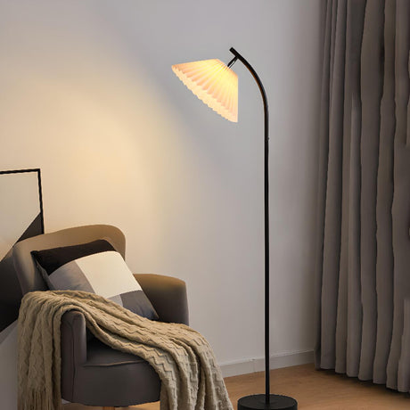 Modern Black Metal White Pleated Fabric Arc Floor Lamp Image - 1