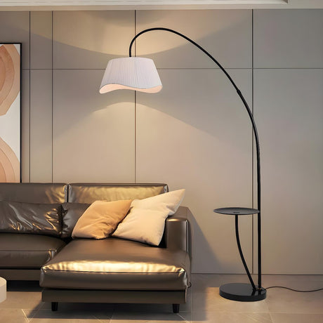 Modern Black Pleated Arc Floor Lamp with Side Table Image - 1