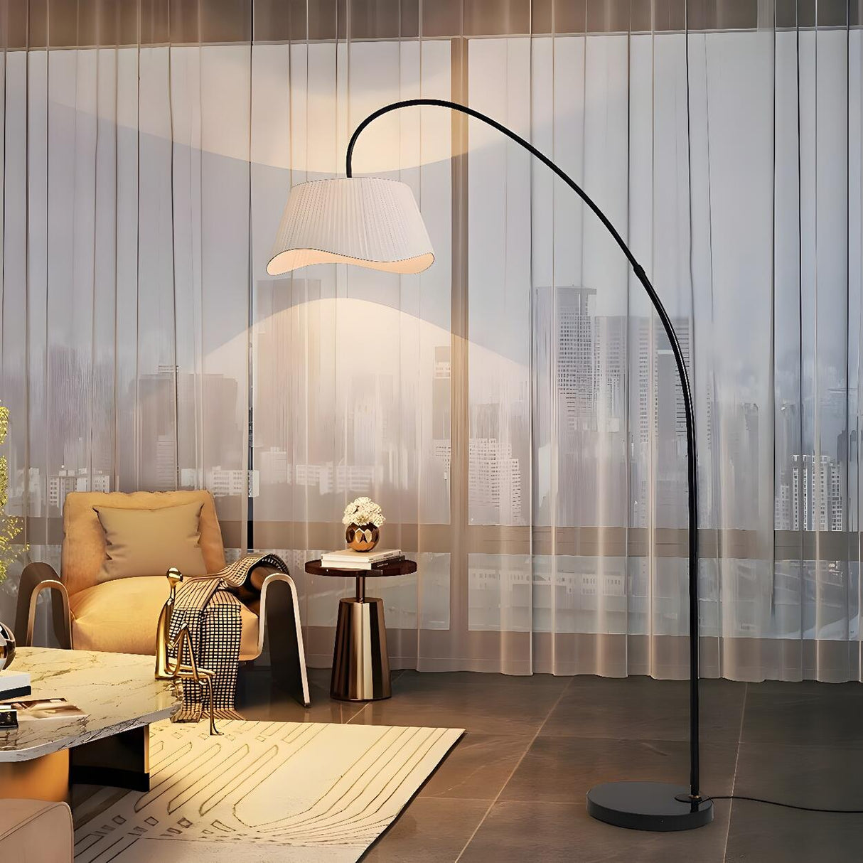 Modern Black Pleated Arc Floor Lamp with Side Table Image - 2