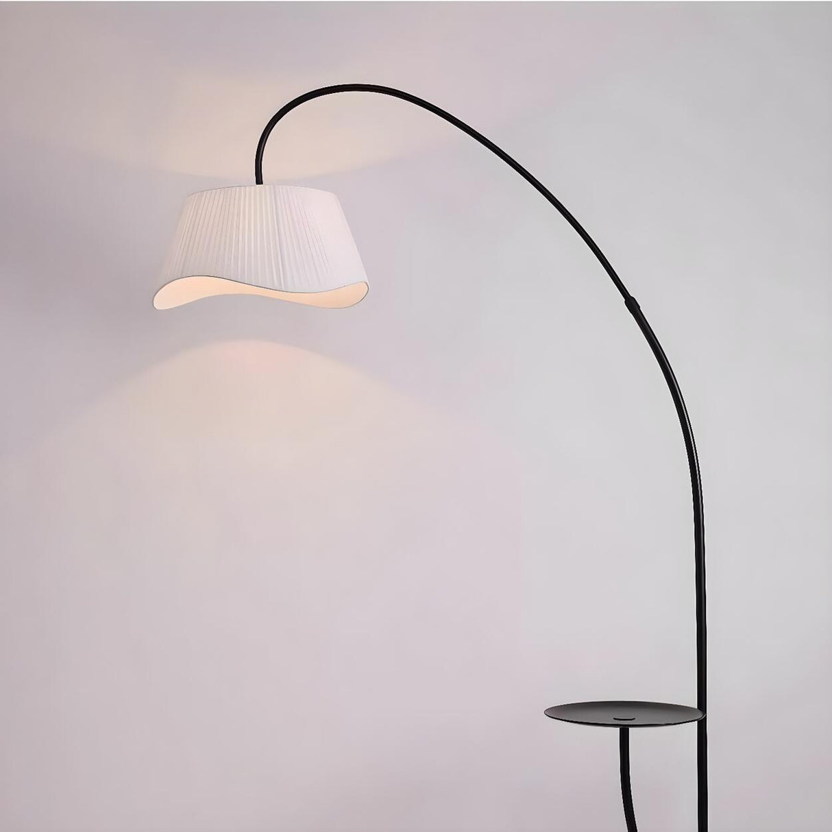 Modern Black Pleated Arc Floor Lamp with Side Table Image - 4