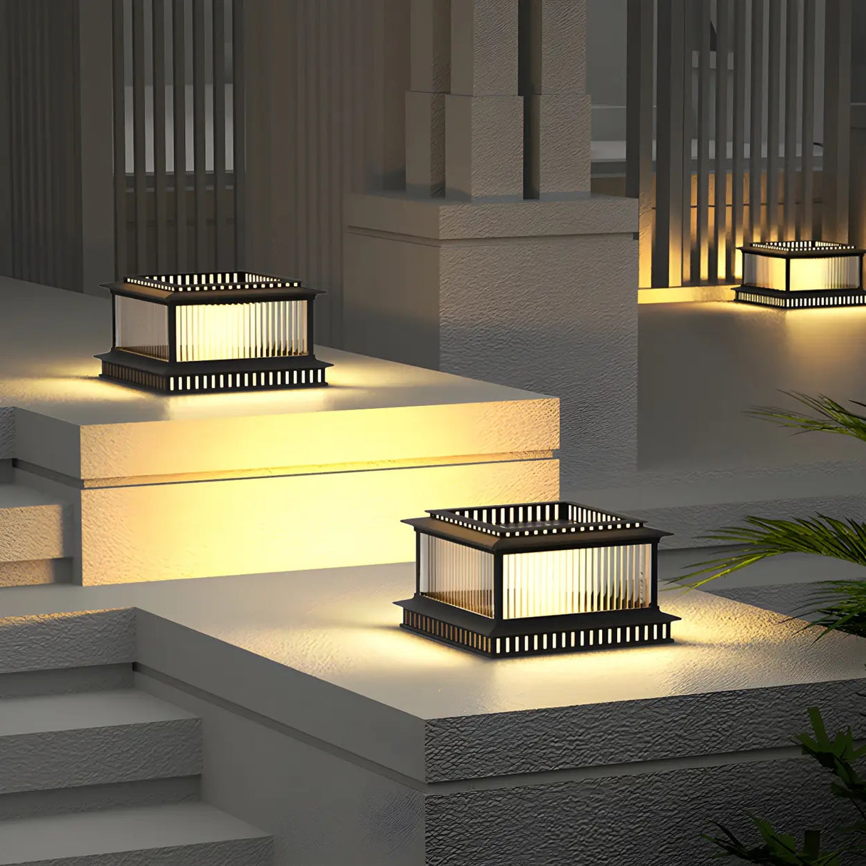 Modern Black Rectangular Hollow Floor Outdoor Lamp Image - 4