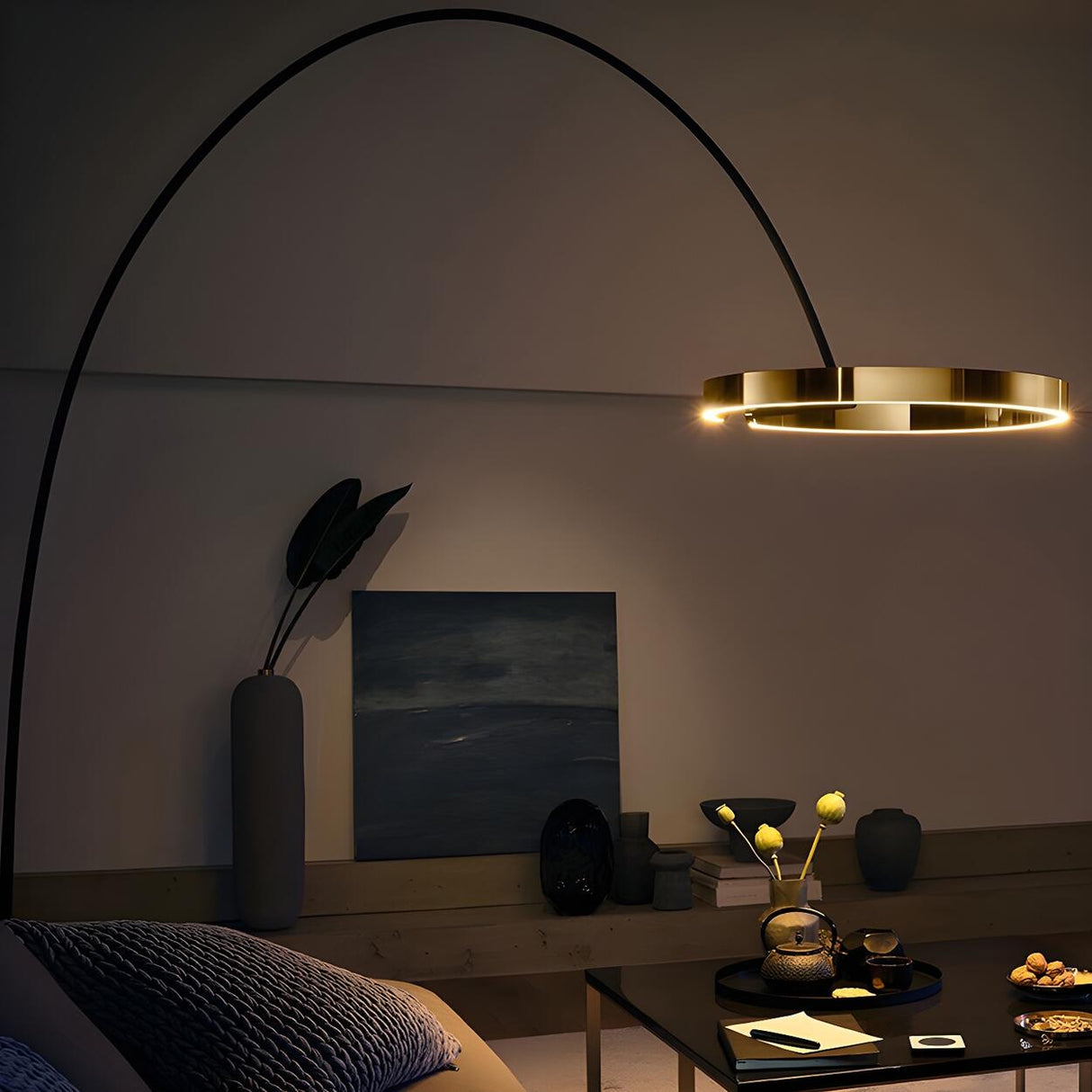 Modern Black Ring and Arc LED Metal Floor Lamp Image - 11