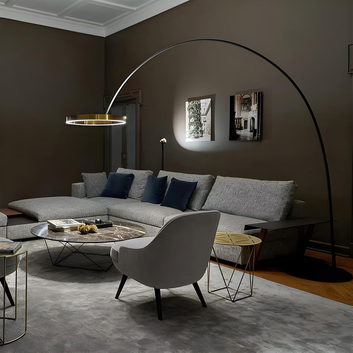 Modern Black Ring and Arc LED Metal Floor Lamp Image - 3