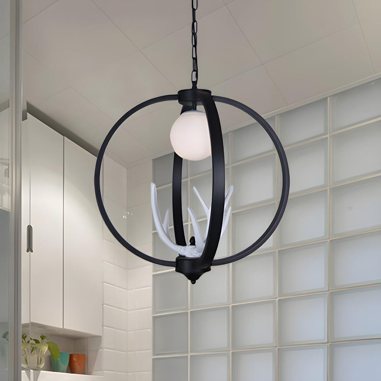 Modern Black Ring White Antler Globe Pendant Chandelier Image - 1