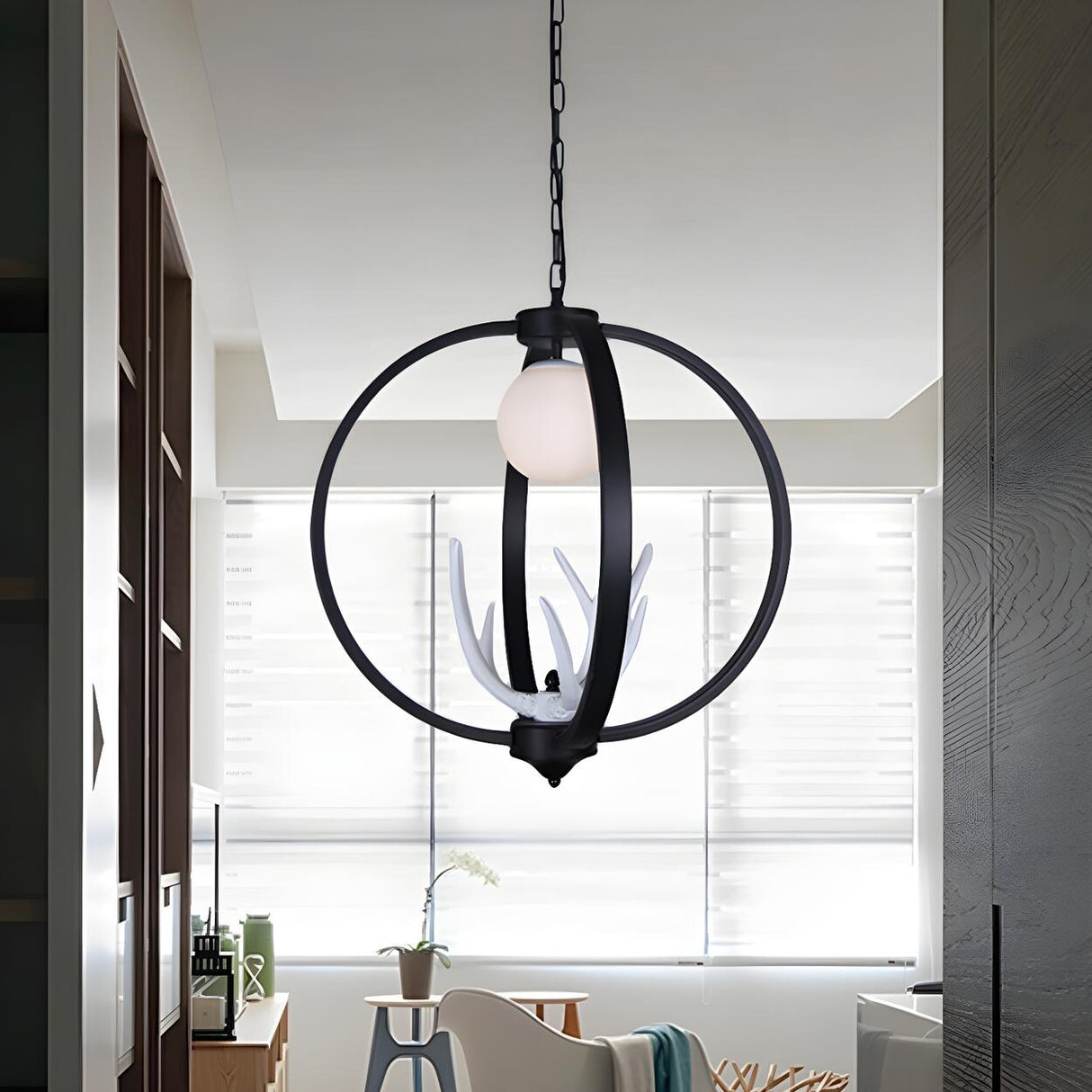 Modern Black Ring White Antler Globe Pendant Chandelier Image - 2