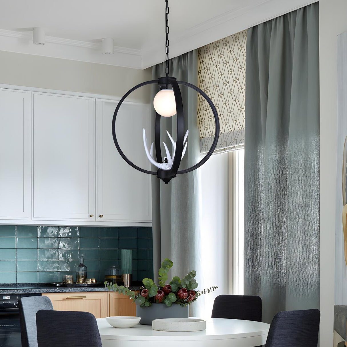 Modern Black Ring White Antler Globe Pendant Chandelier Image - 3