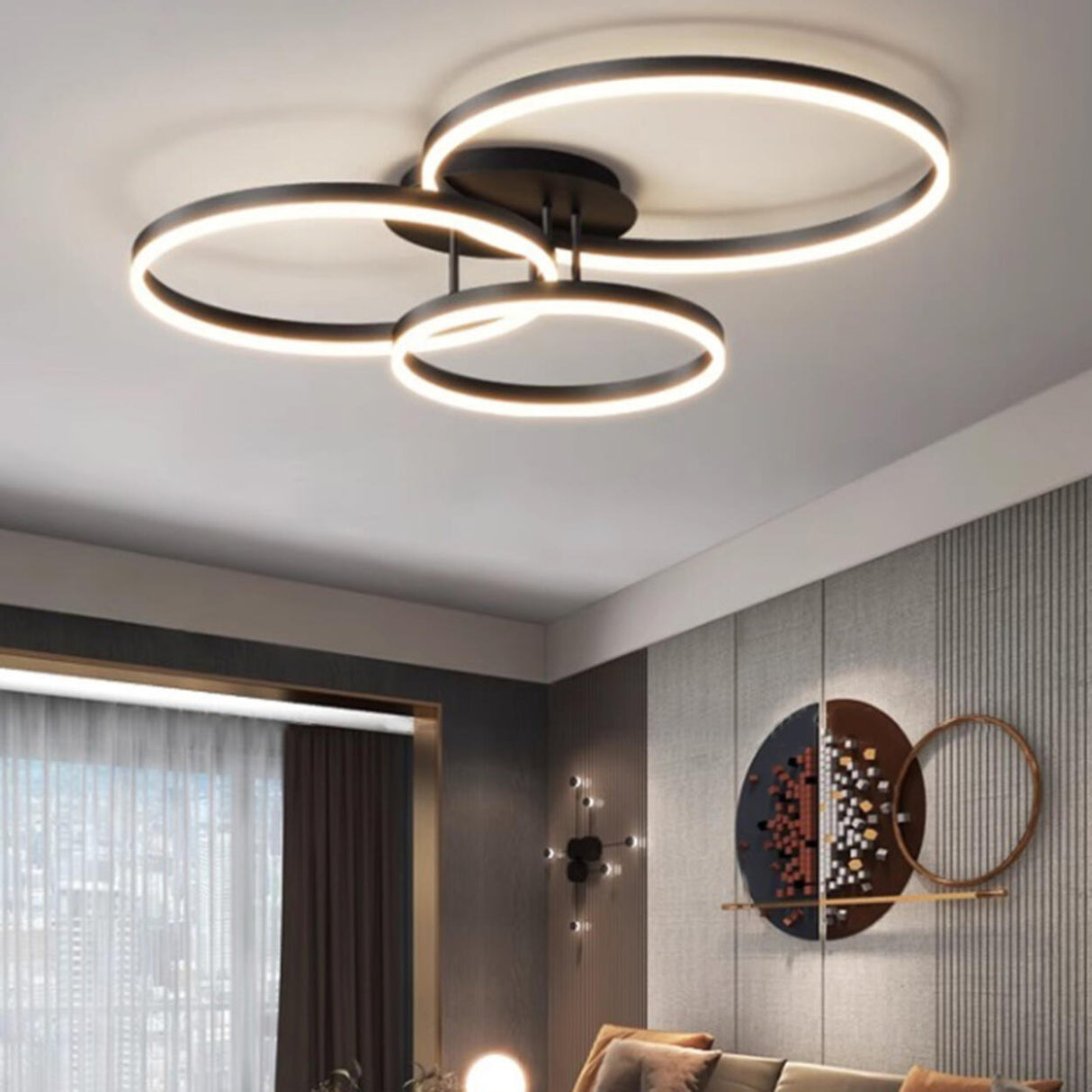 Modern Black Three Circle LED Semi-Flush Ceiling Light Image - 6