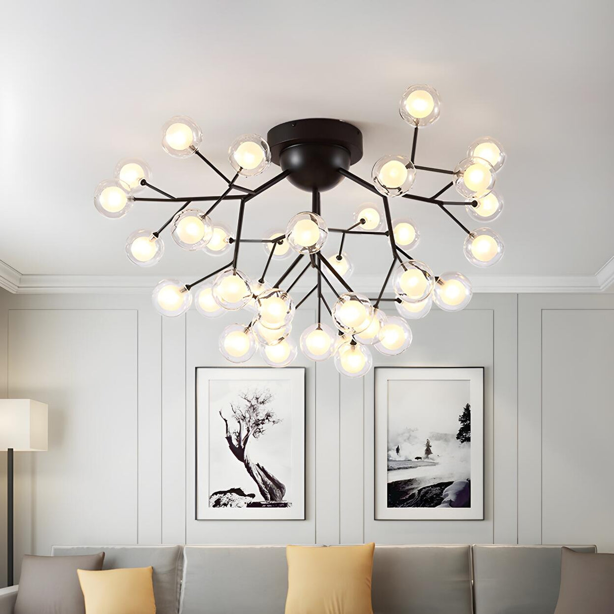 Modern Black Twig Firefly Glass Semi-Flush Mount Light Image - 13