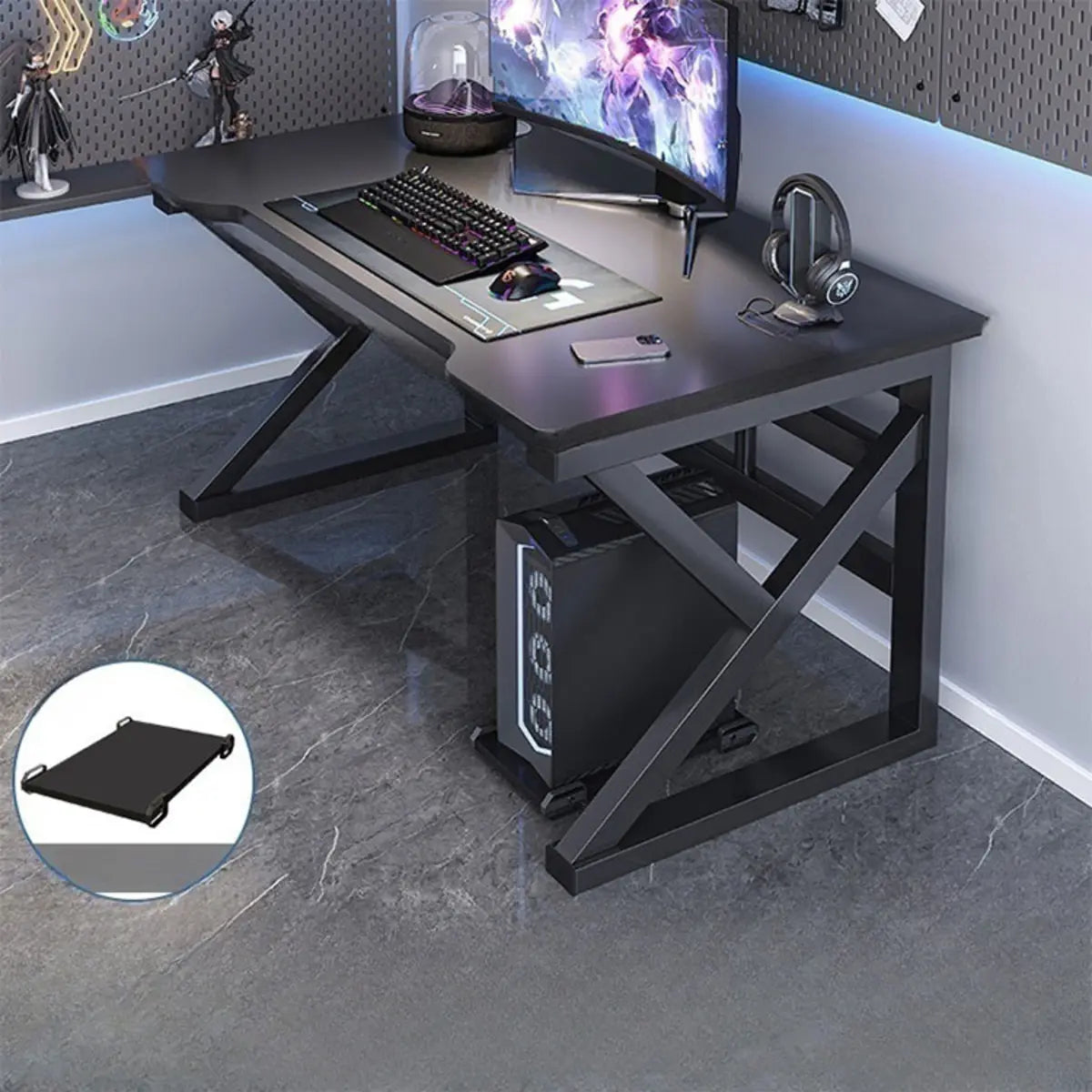 Modern Black Wood Storage Curved Sled Gaming Desk Image - 2