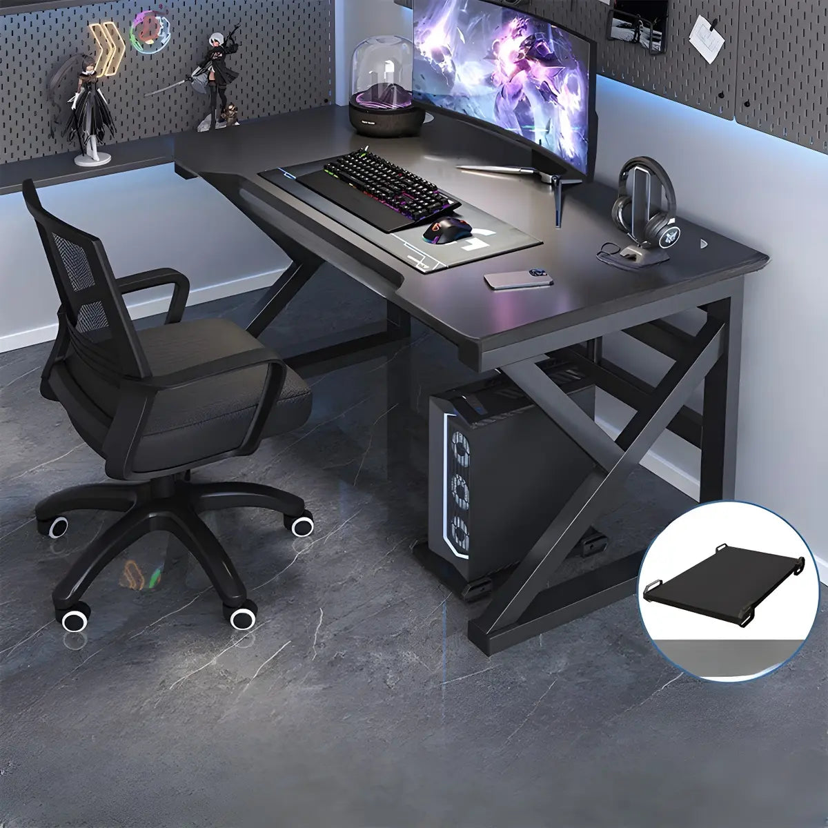 Modern Black Wood Storage Curved Sled Gaming Desk Image - 6