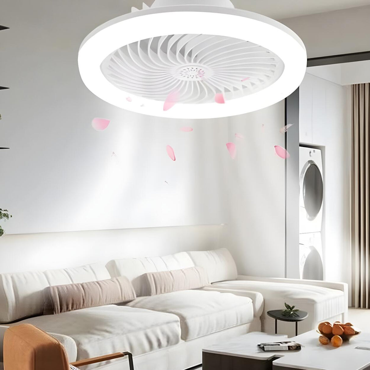 Modern Bladeless White Round Pendant Fan with Light Image - 2