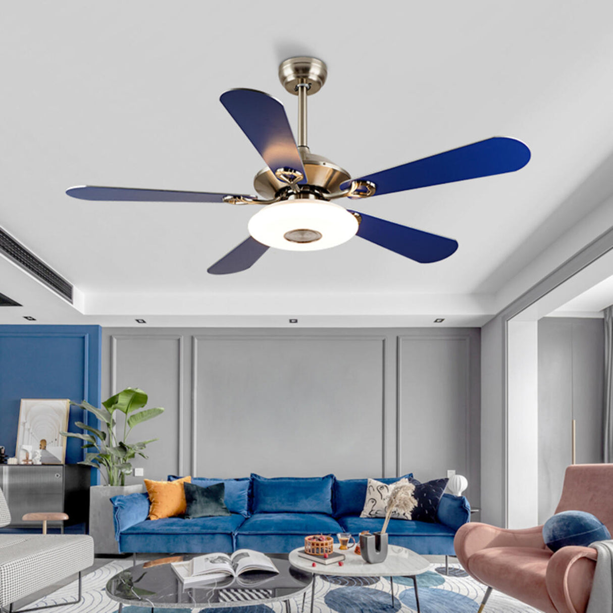 Modern Blue 5 Blade Metal Ceiling Fan with LED Light Image - 2