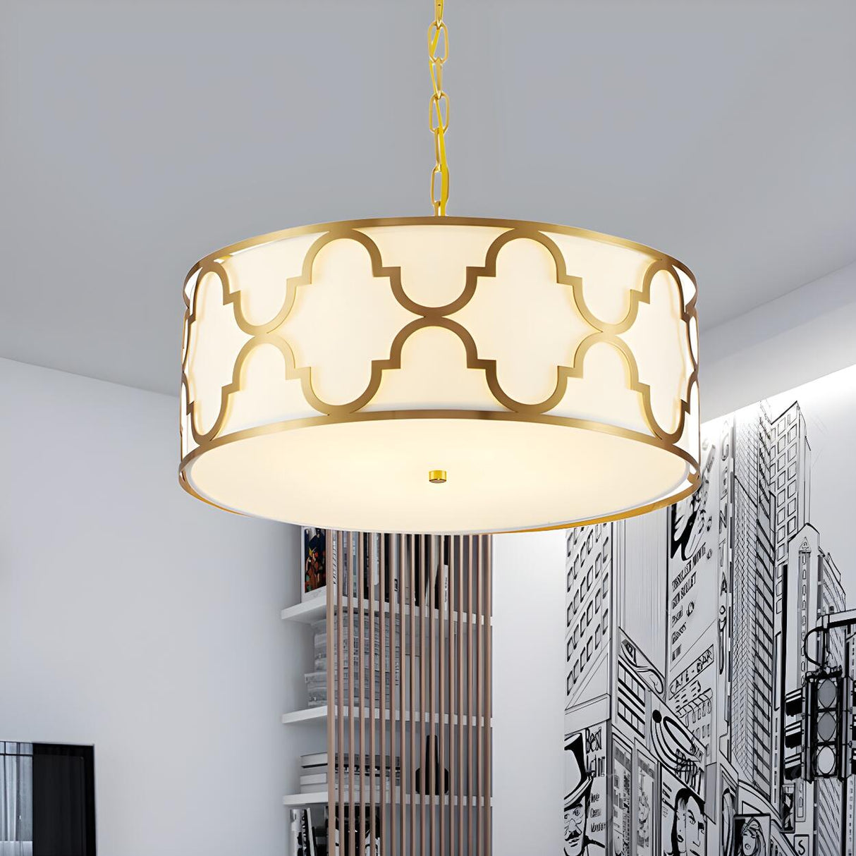 Modern Blue and Gold Drum Bedroom Pendant Chandelier Image - 10