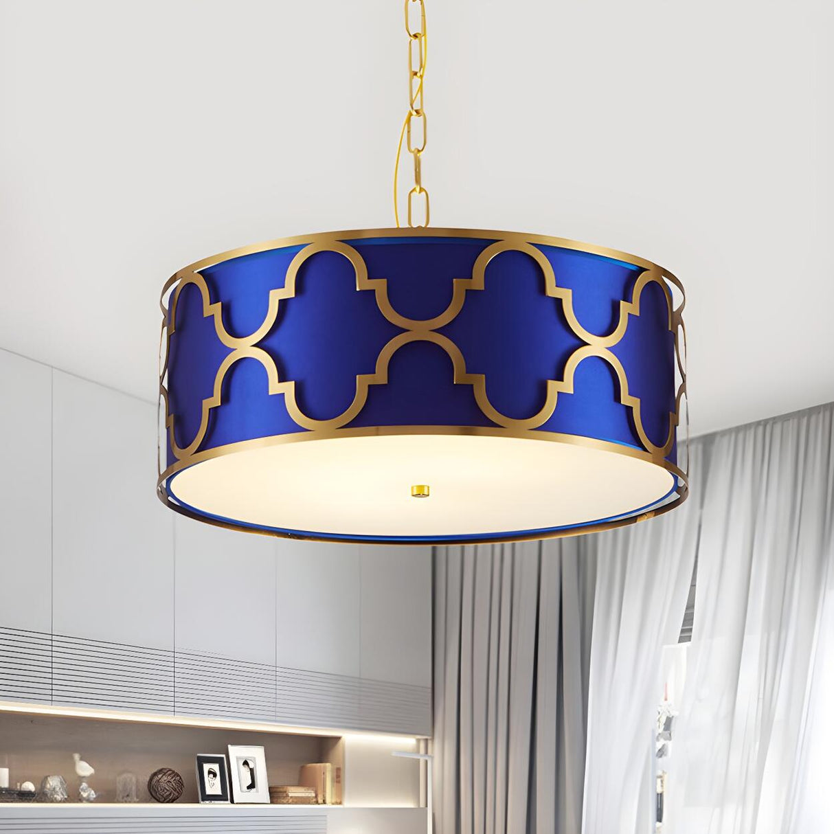 Modern Blue and Gold Drum Bedroom Pendant Chandelier Image - 2