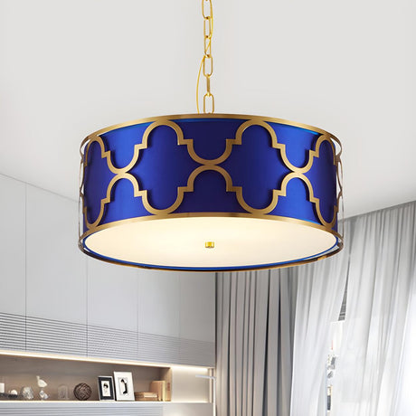 Modern Blue and Gold Drum Bedroom Pendant Chandelier Image - 2