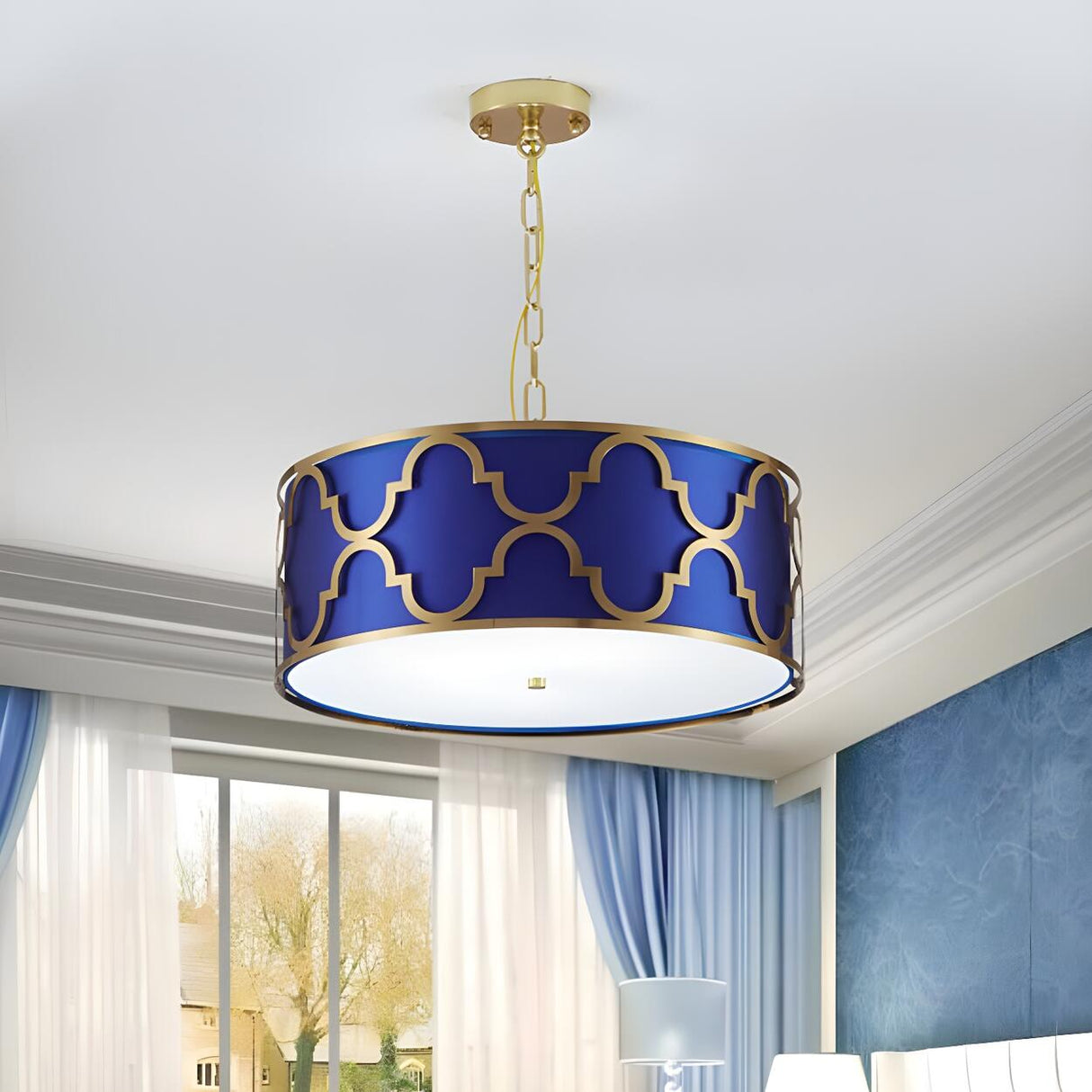 Modern Blue and Gold Drum Bedroom Pendant Chandelier Image - 3