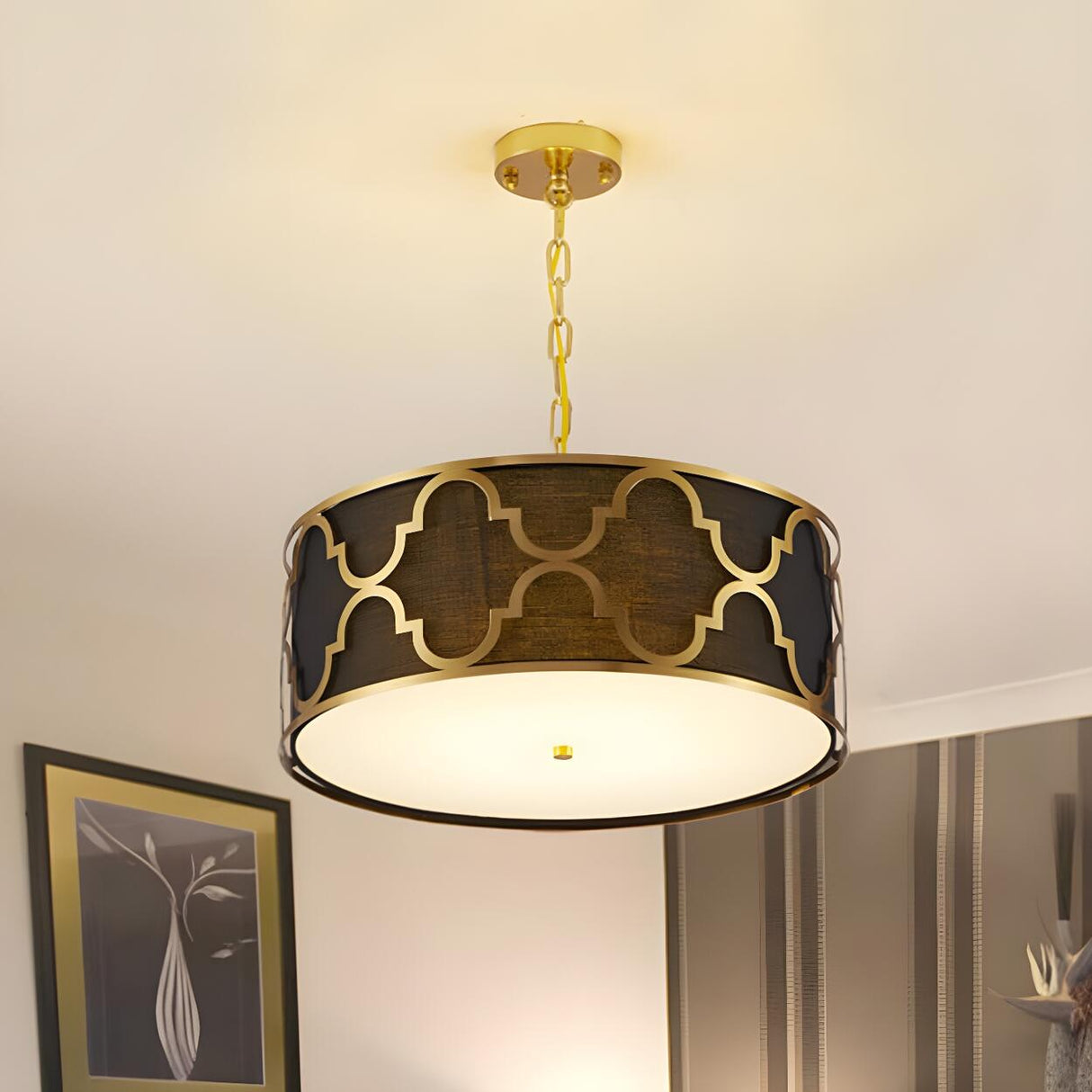 Modern Blue and Gold Drum Bedroom Pendant Chandelier Image - 6