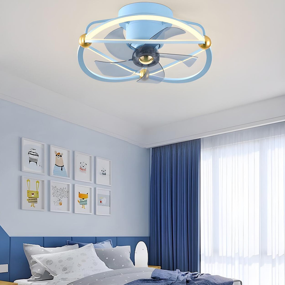 Modern Blue Geometric Circular Ceiling Fan with Light Image - 1