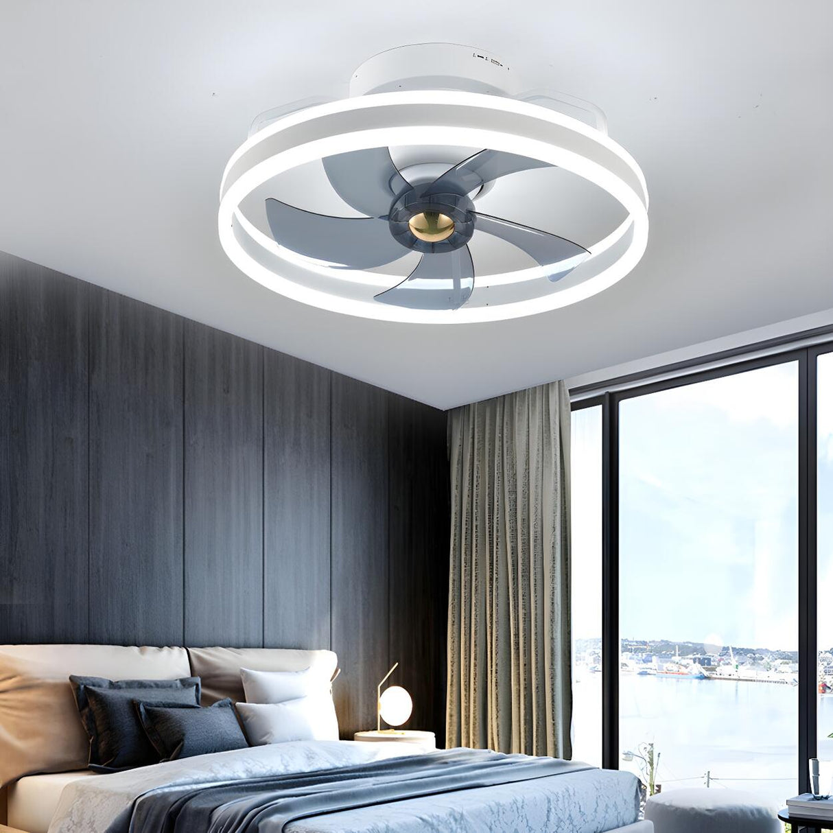 Modern Blue Geometric Circular Ceiling Fan with Light Image - 13