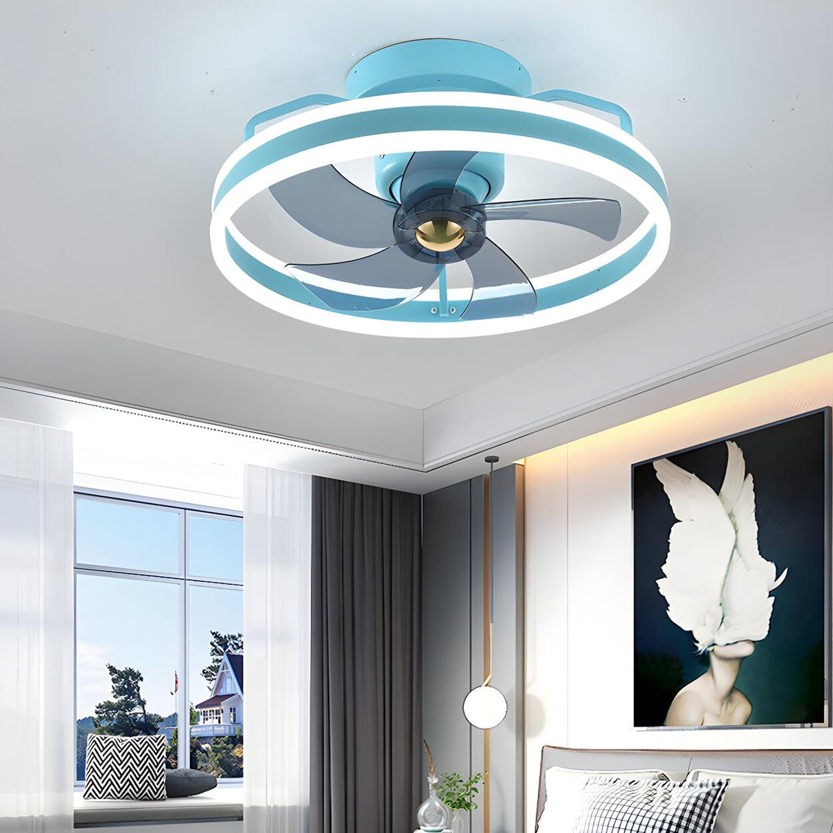 Modern Blue Geometric Circular Ceiling Fan with Light Image - 14