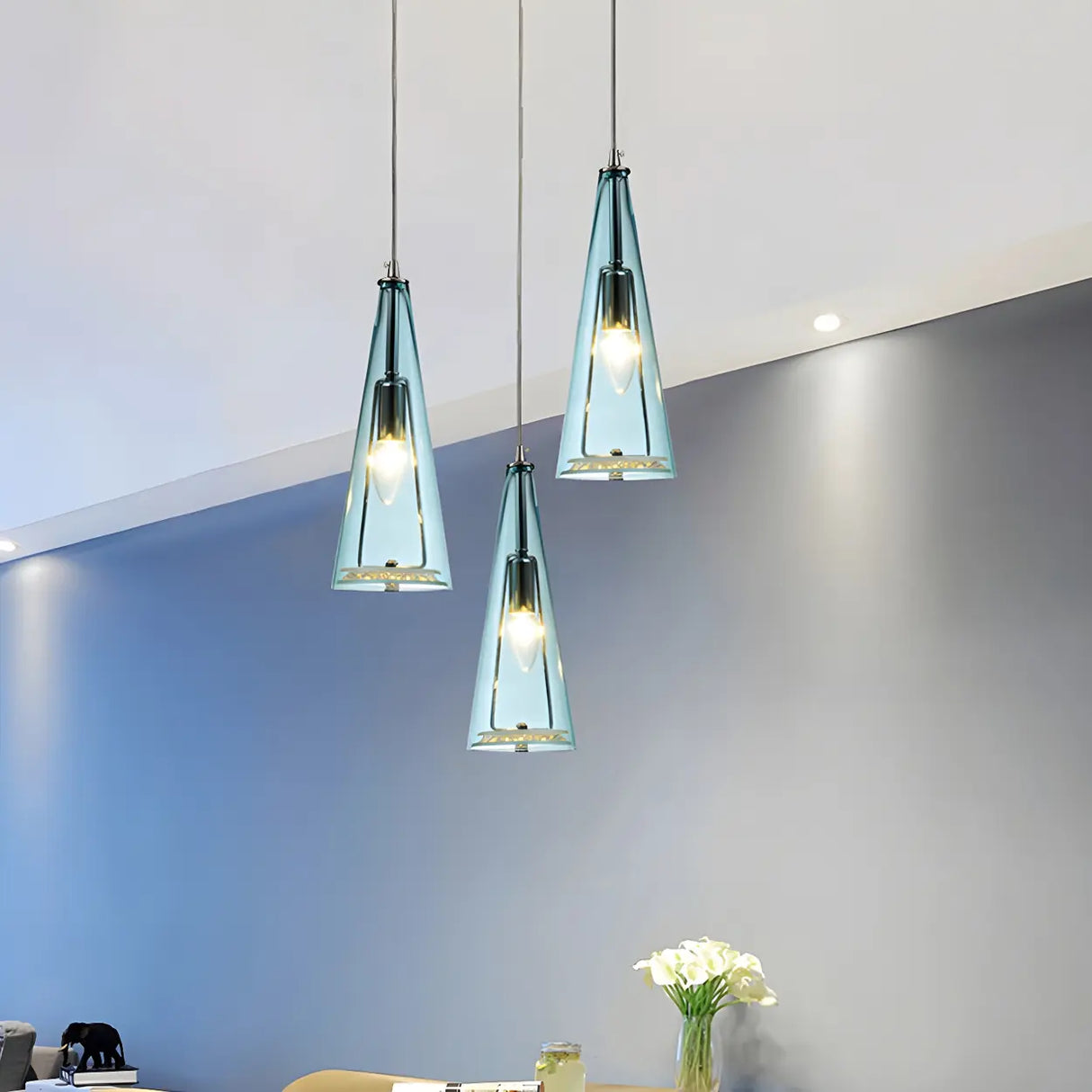 Modern Blue Glass Cone Dining Room Pendant Light Image - 1