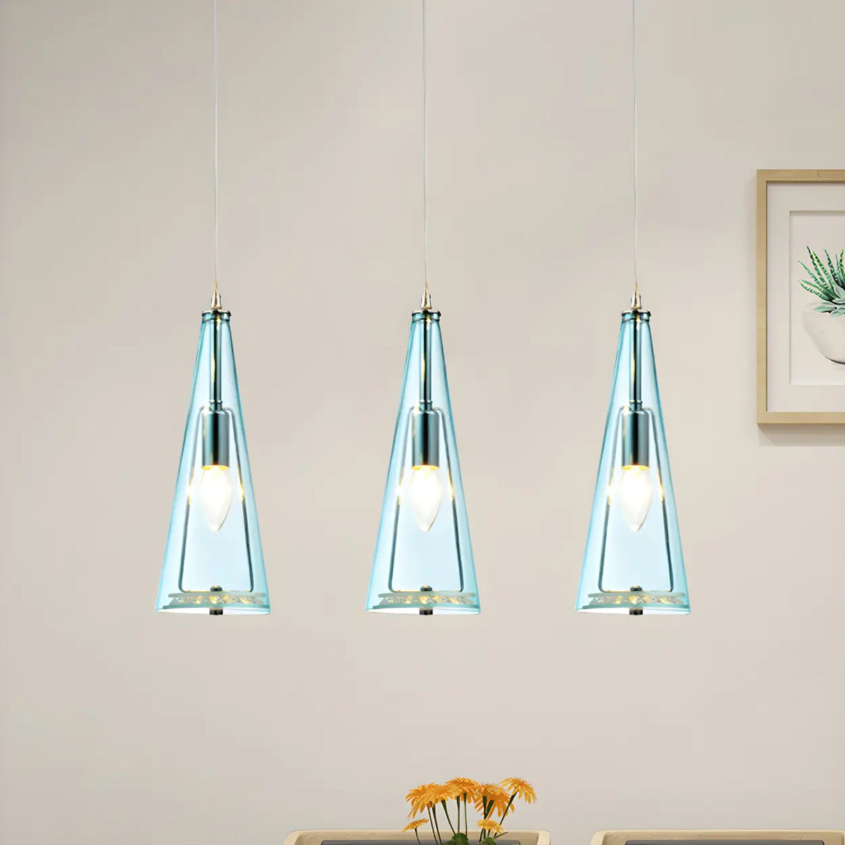 Modern Blue Glass Cone Dining Room Pendant Light Image - 5