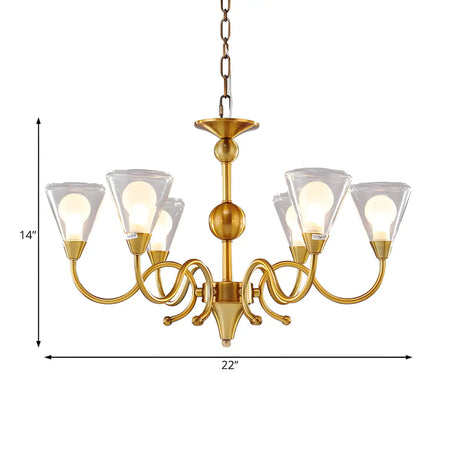 Classic Clear Glass Cone Gold Curved Arms Chandelier #size