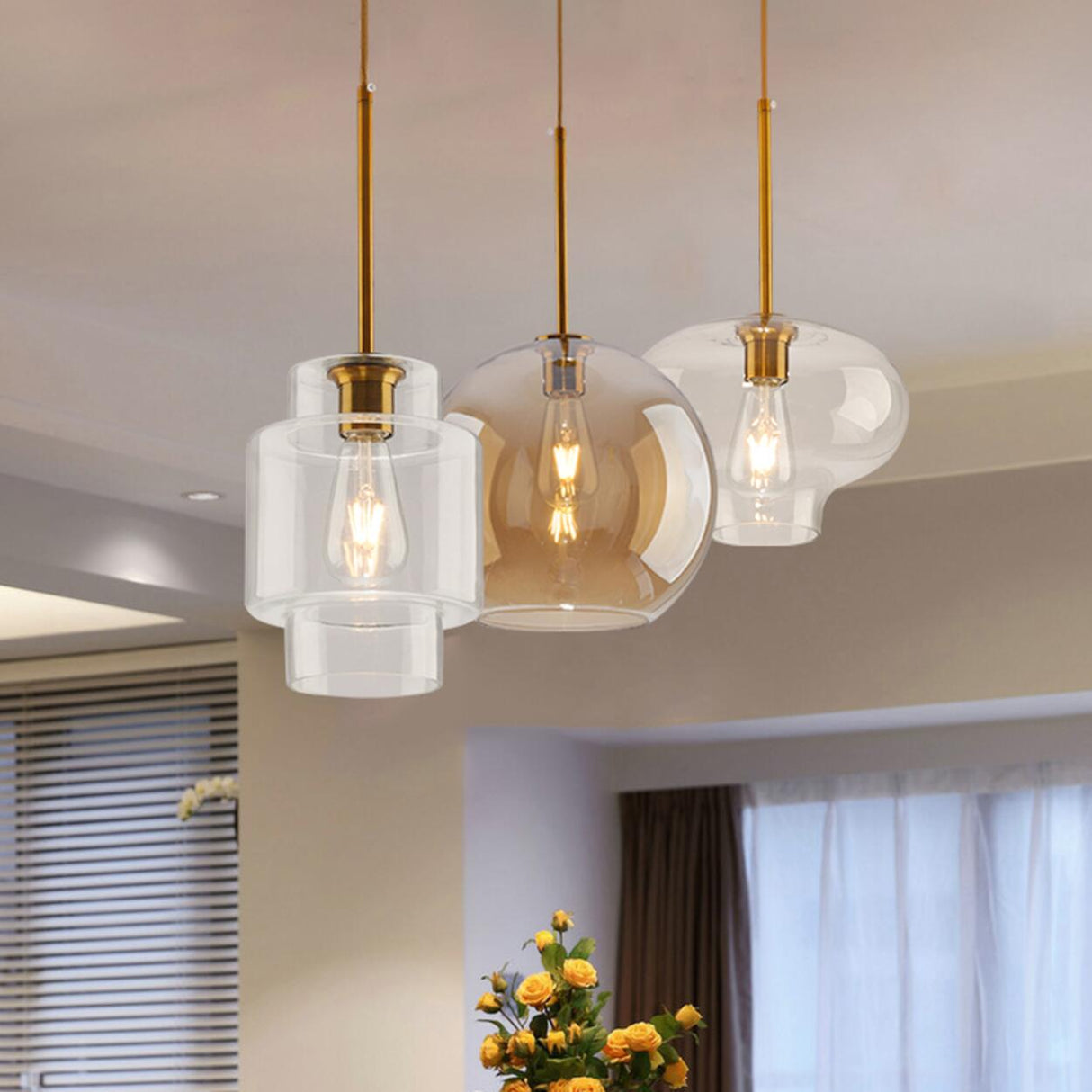 Modern Brass Amber Clear Glass Globe Pendant Lights Image - 4