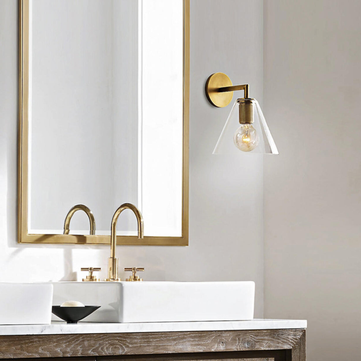 Modern Brass and Clear Glass Bathroom Vanity Light Image - 1