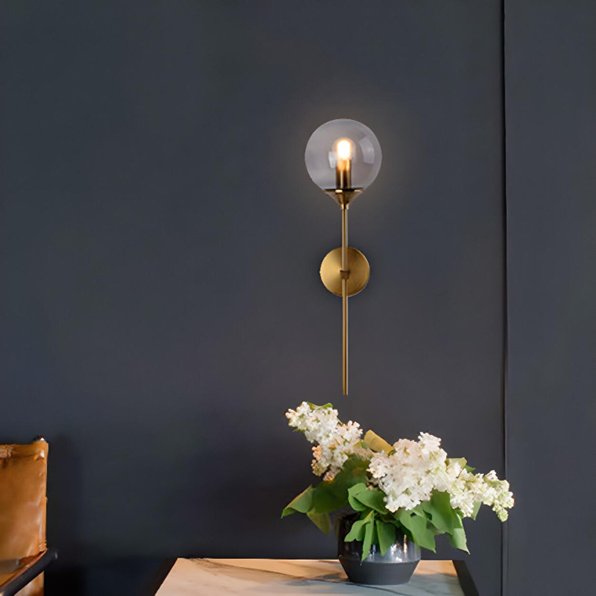 Modern Brass and Glass Globe Wall Sconce Image - 3