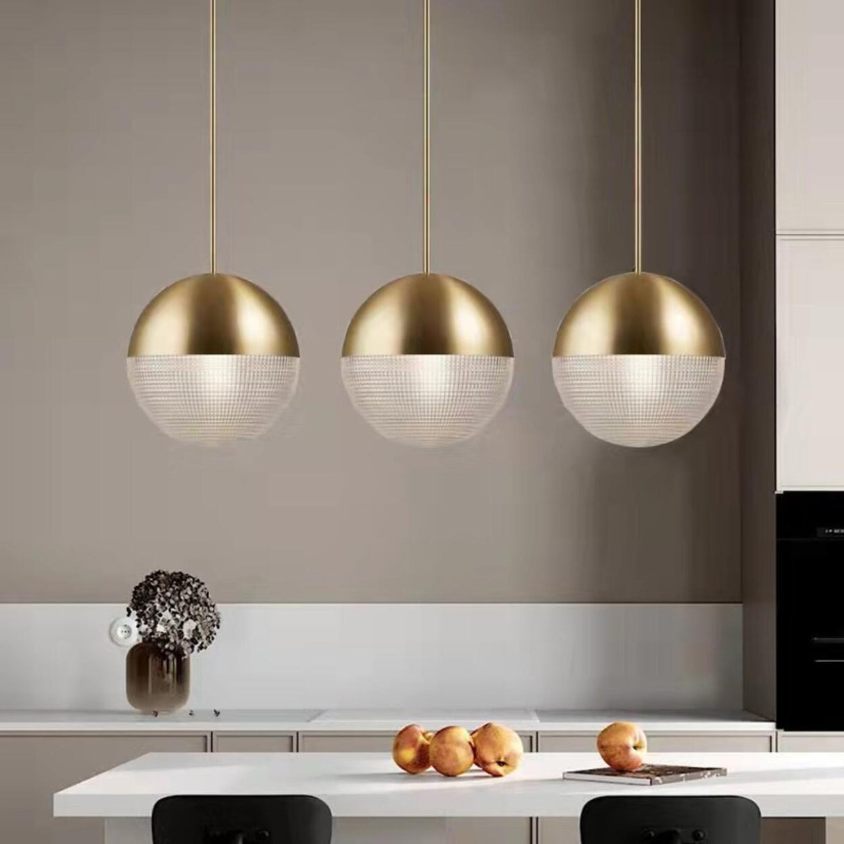 Modern Brass and Textured Glass Globe Pendant Light Image - 1