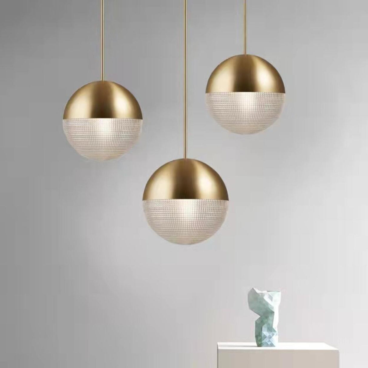 Modern Brass and Textured Glass Globe Pendant Light Image - 4