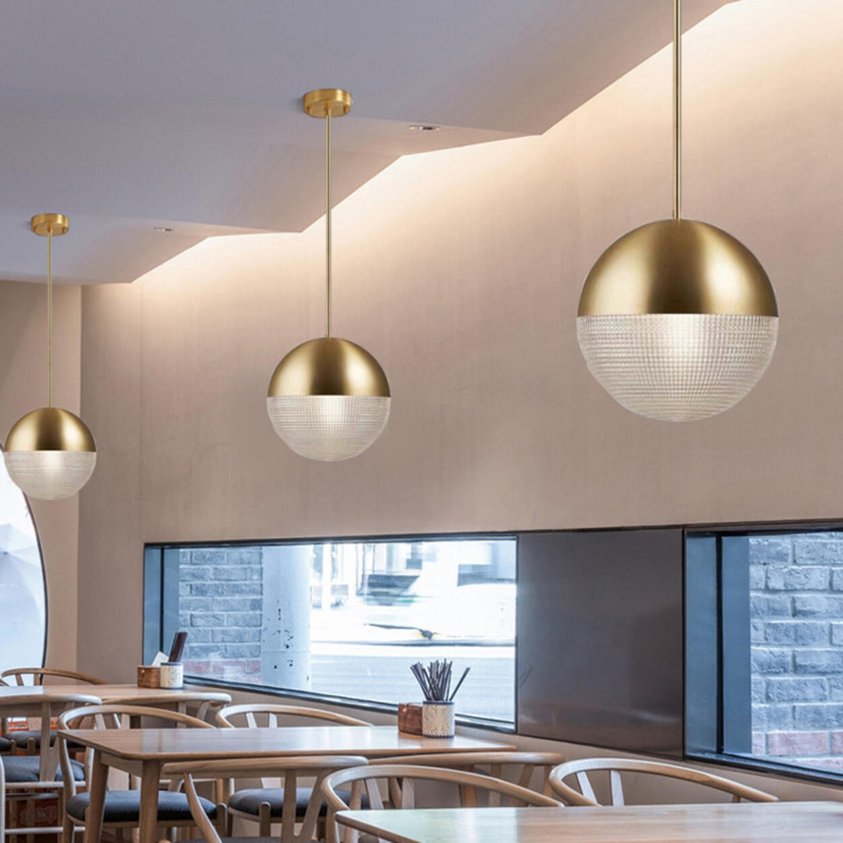 Modern Brass and Textured Glass Globe Pendant Light Image - 8