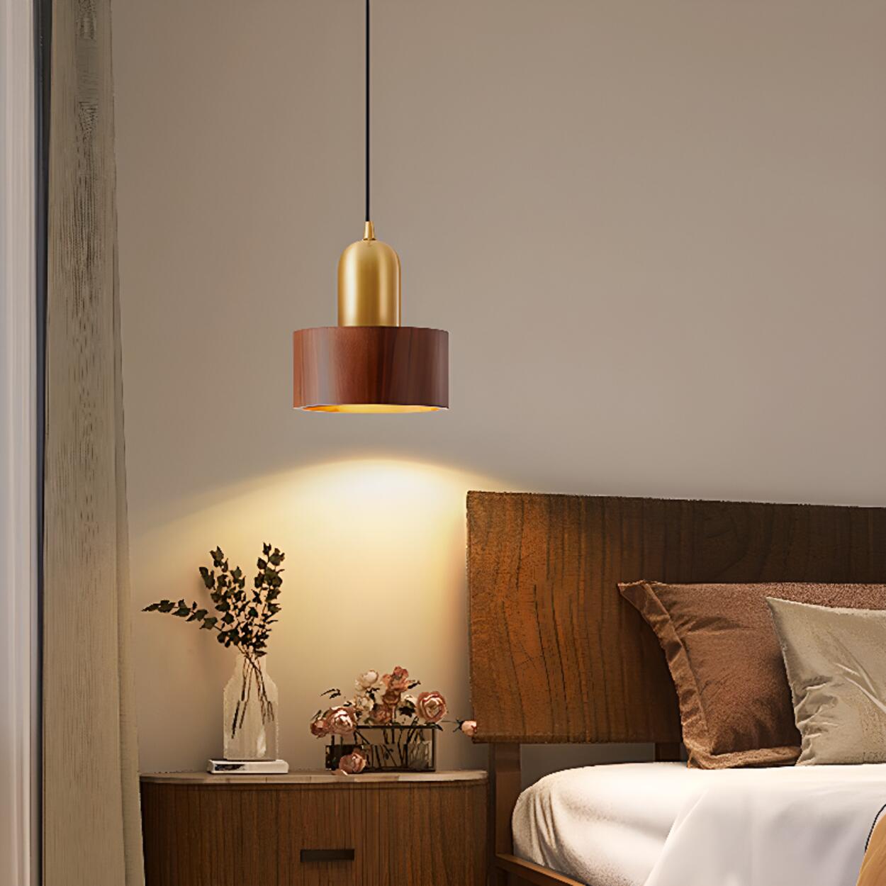 Modern Brass and Wood Cylindrical Pendant Light Image - 1