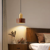 Modern Brass and Wood Cylindrical Pendant Light Image - 1