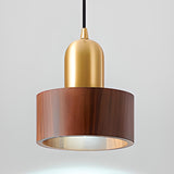 Modern Brass and Wood Cylindrical Pendant Light Image - 13