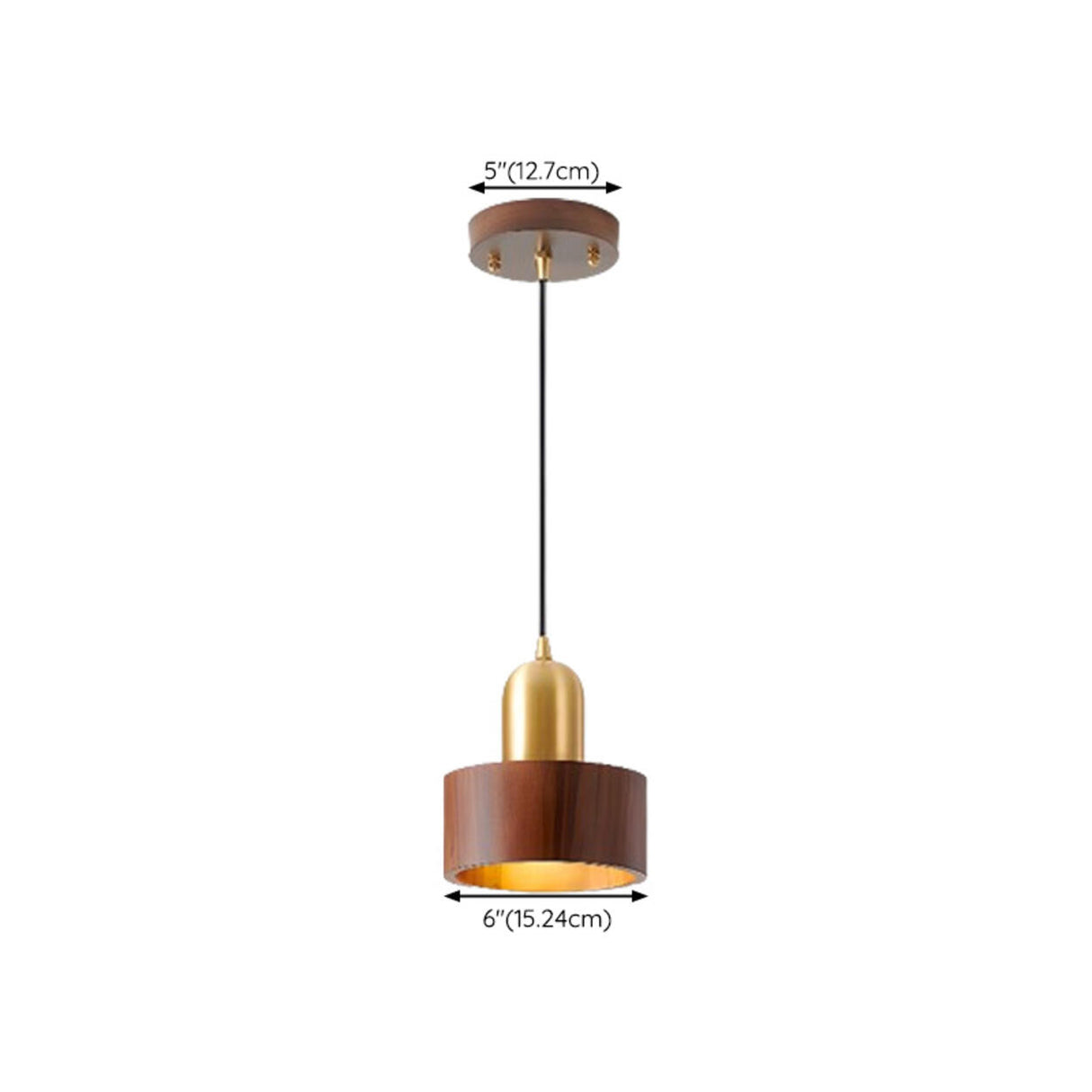 Modern Brass and Wood Cylindrical Pendant Light 