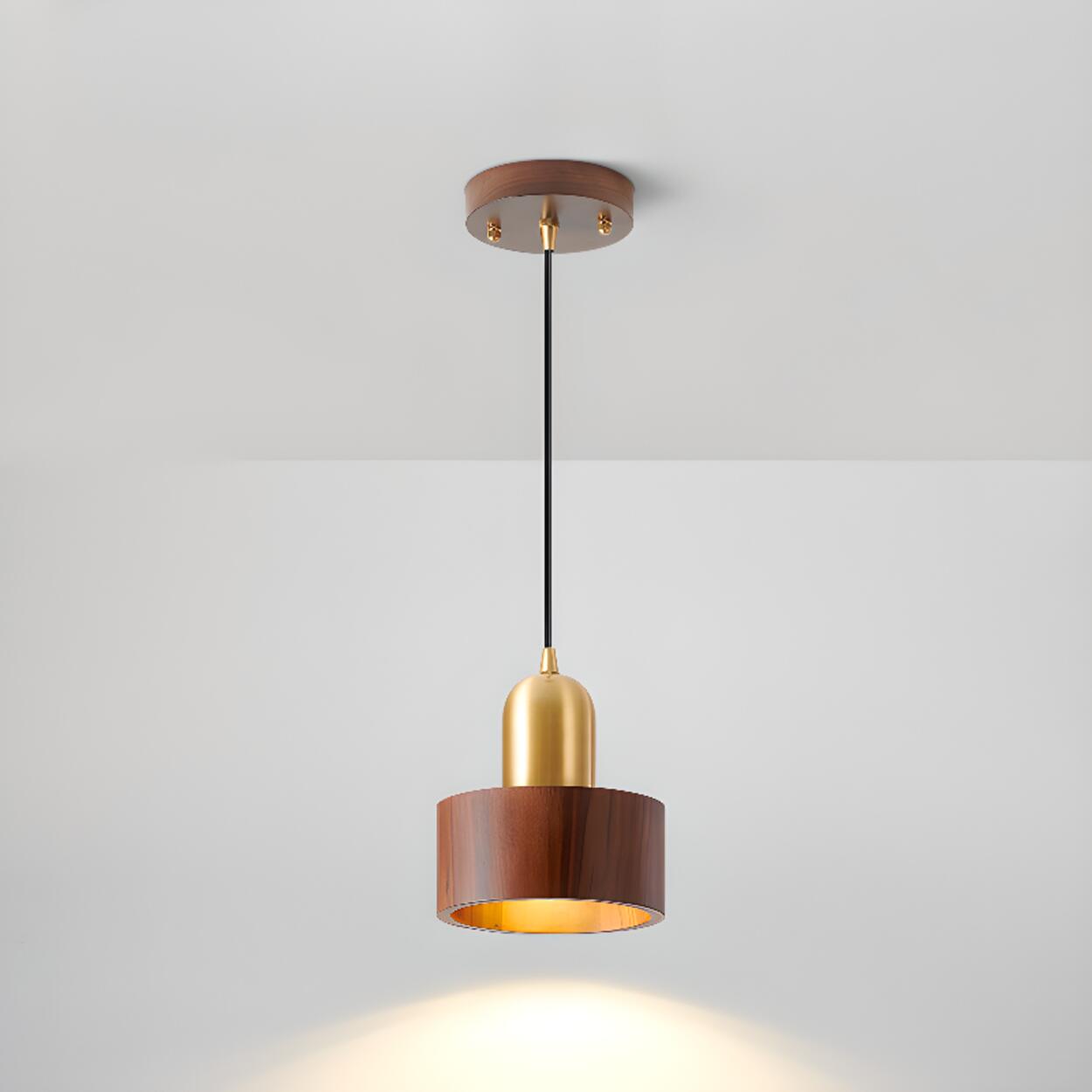 Modern Brass and Wood Cylindrical Pendant Light Image - 2