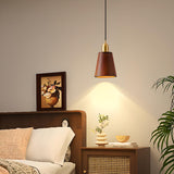 Modern Brass and Wood Cylindrical Pendant Light Image - 4