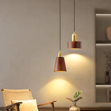 Modern Brass and Wood Cylindrical Pendant Light Image - 5