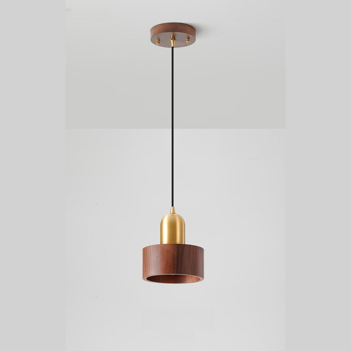 Modern Brass and Wood Cylindrical Pendant Light Image - 7