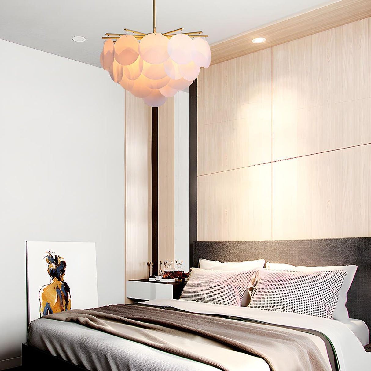 Modern Brass Bedroom White Disc Acrylic Chandelier Image - 7