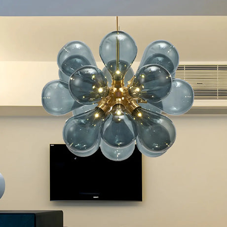 Modern Brass Blue Bubble Clear Glass Chandelier Dining Room Image - 1