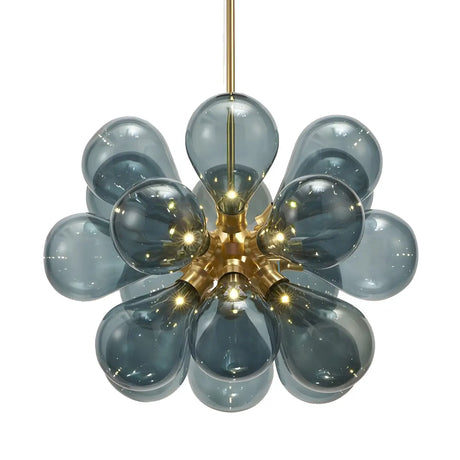 Modern Brass Blue Bubble Clear Glass Chandelier Dining Room Image - 2