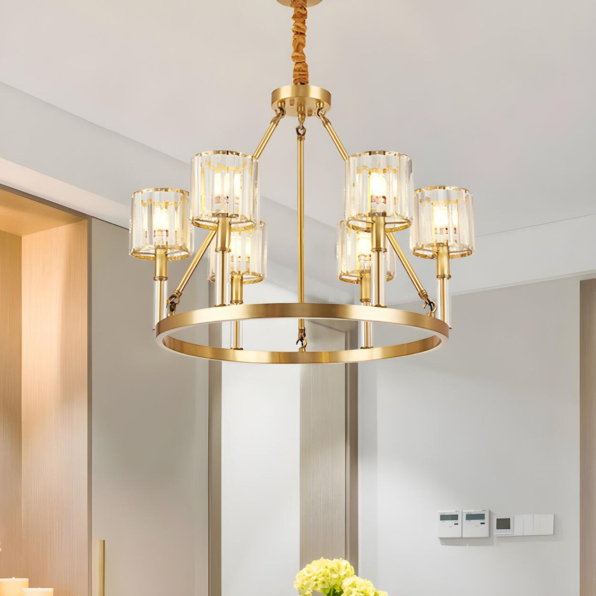 Modern Brass Cylinder Dining Room Crystal Chandelier Image - 1