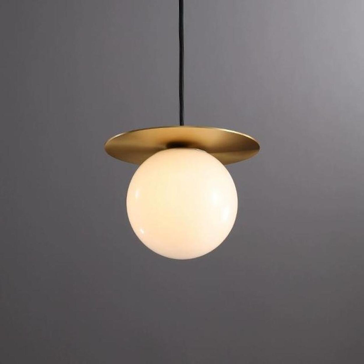 Modern Brass Disc White Glass Globe Pendant Light Image - 1