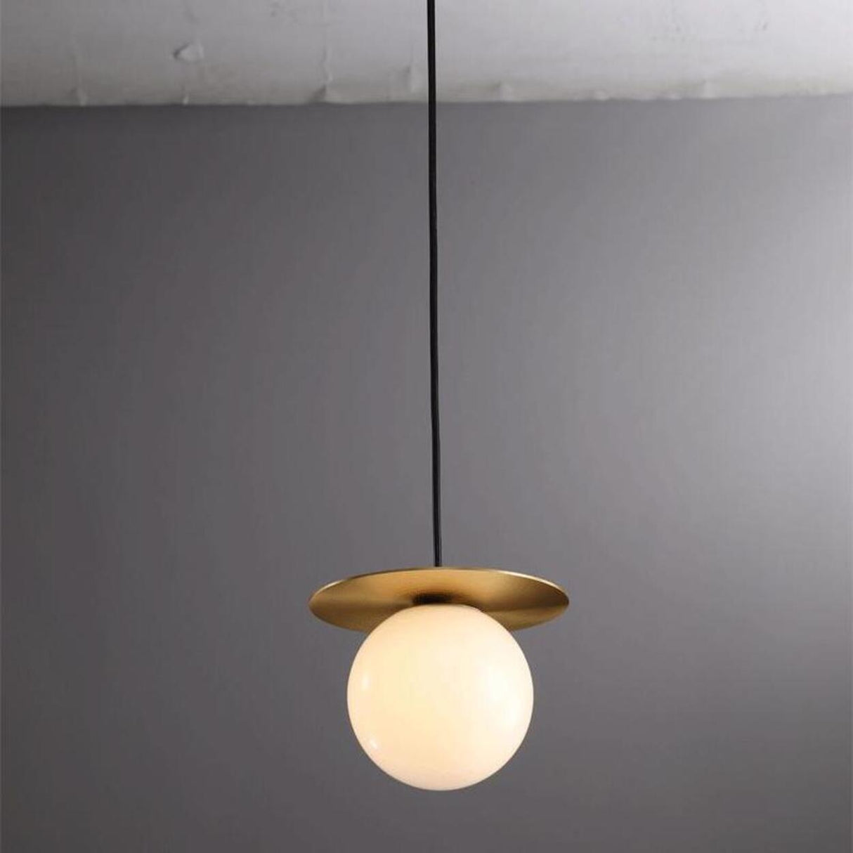 Modern Brass Disc White Glass Globe Pendant Light Image - 11