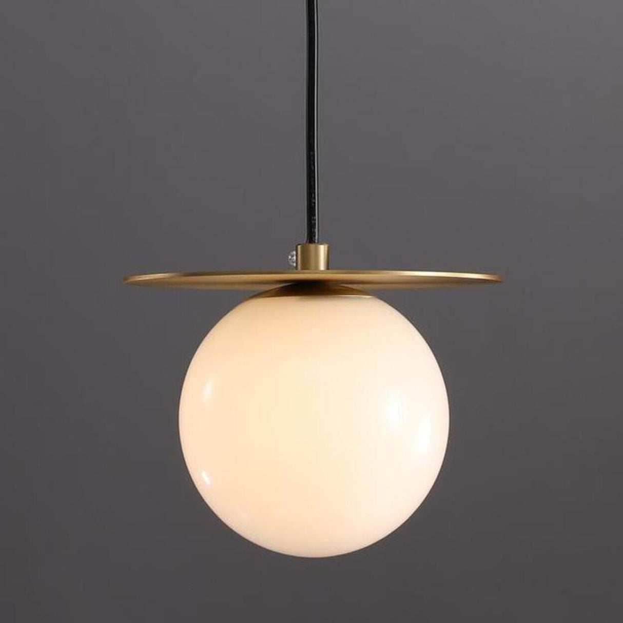 Modern Brass Disc White Glass Globe Pendant Light Image - 2