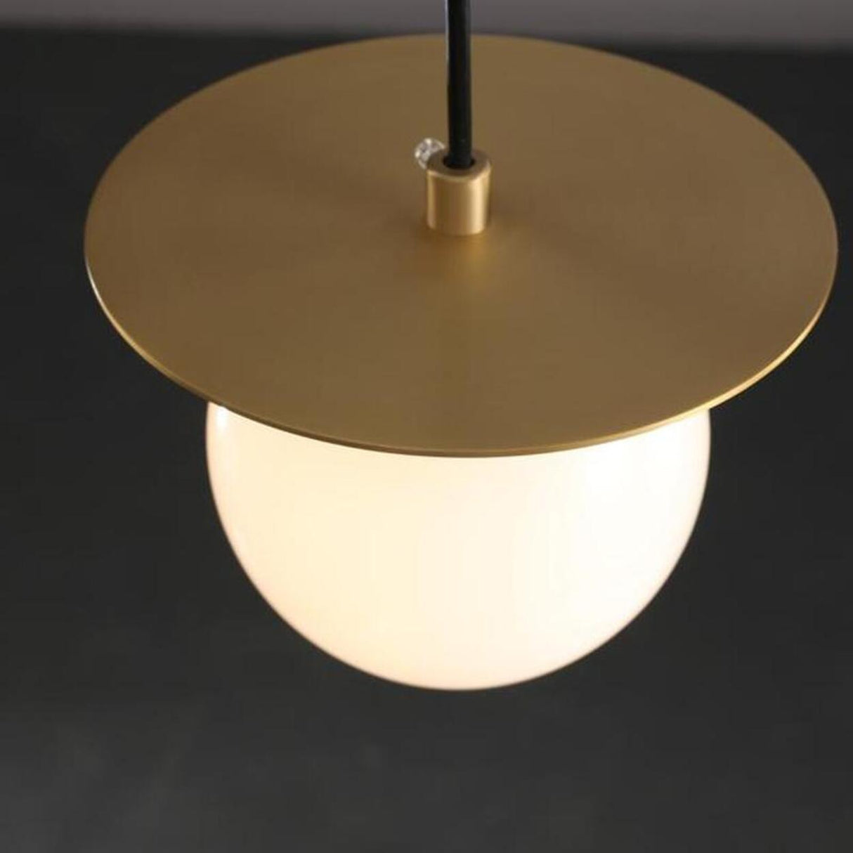 Modern Brass Disc White Glass Globe Pendant Light Image - 3